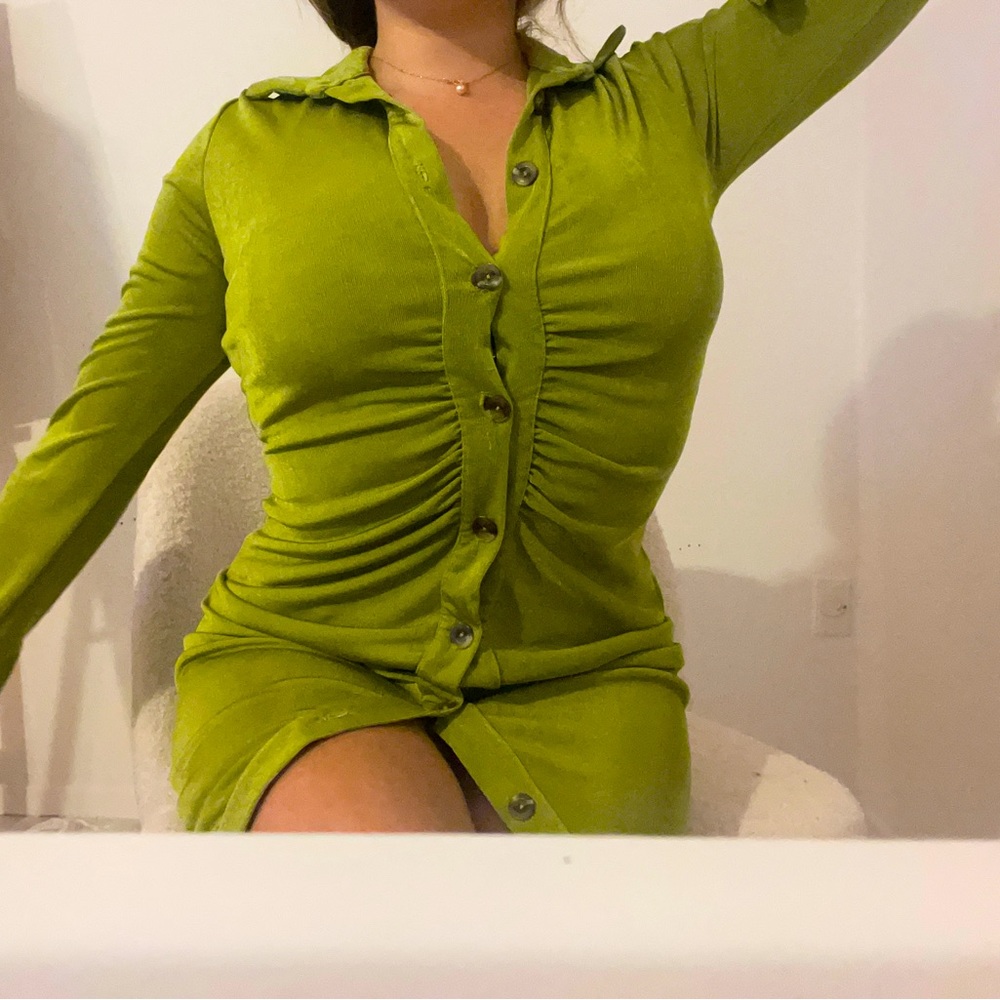 Lime green, short dress with long sleeves